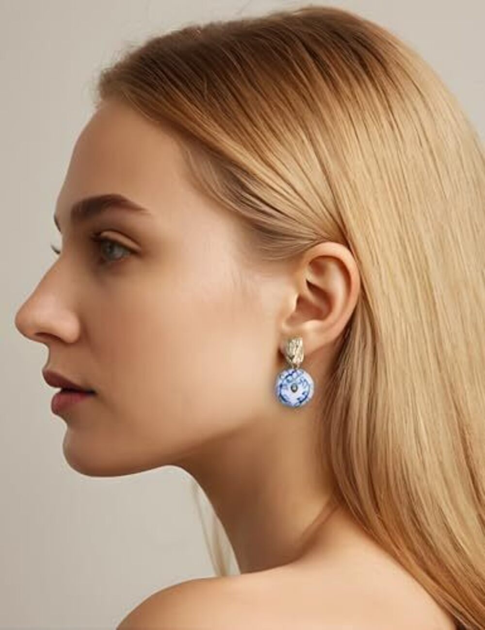 5905 Blue And White Porcelain Drop Earrings Gold Plated Hypoallergenic - Picture 3 of 5